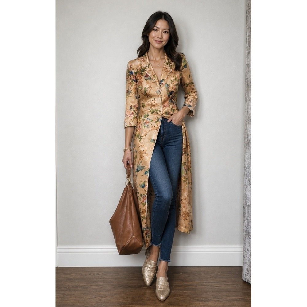 Zara TRF Floral Bird Print Satin Midi Dress XS Gold Kimono Robe Button Front